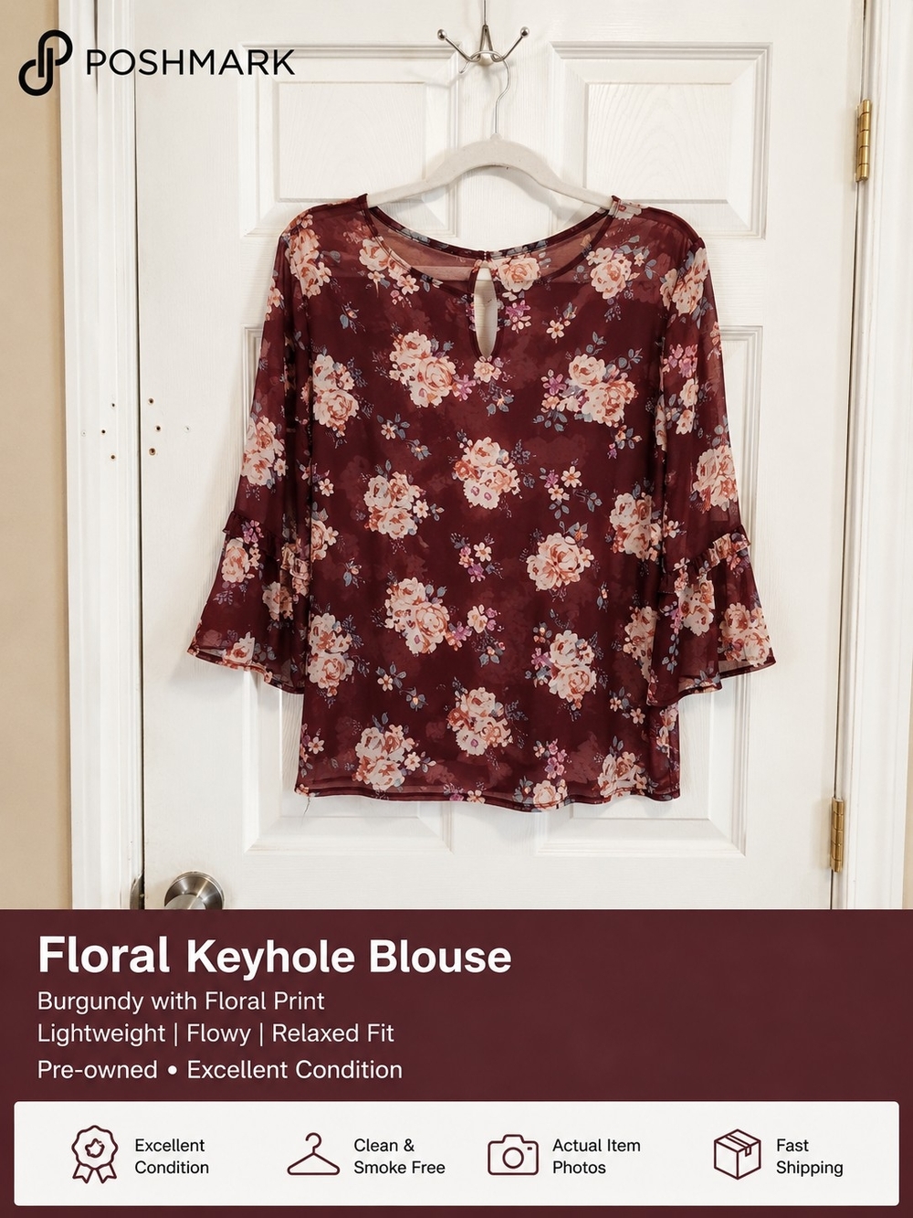 Burgundy Floral Keyhole Bell-Sleeve Blouse